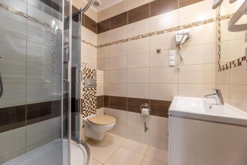 a bathroom with a toilet and a sink and a shower at DW Atrium in Polańczyk