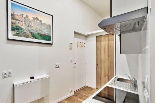 a kitchen with a sink and a picture on the wall at Le cosy saint clair in Caluire-et-Cuire