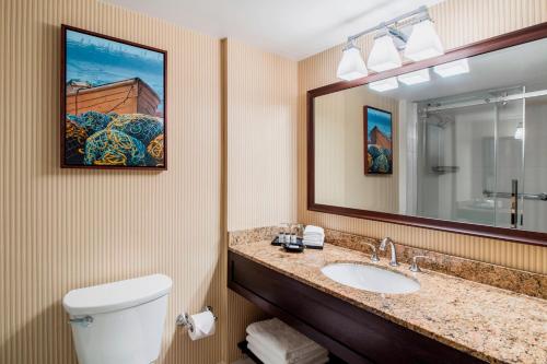 W łazience znajduje się umywalka, toaleta i lustro. w obiekcie Sheraton Hotel Newfoundland w mieście St. John's