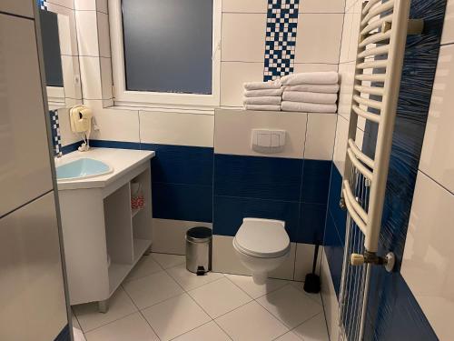 a small bathroom with a toilet and a sink at Willa Stenia Center Apartamenty in Wisła