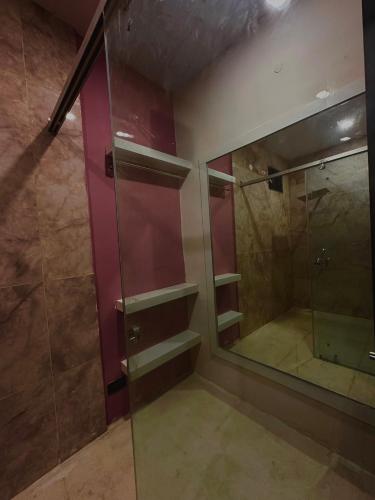 W łazience znajduje się przeszklony prysznic i lustro. w obiekcie Lost &Found w mieście Bhopal