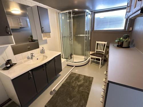 a bathroom with a shower and a sink and a toilet at Stort hus sentralt i Lillehammer in Lillehammer