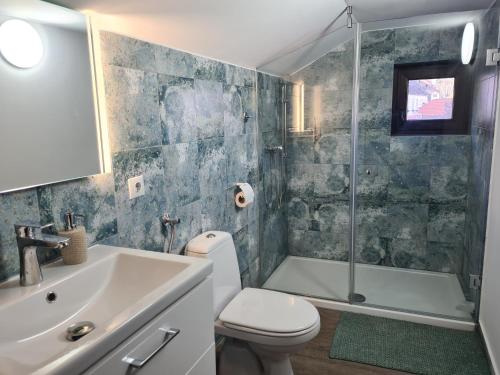 ein Badezimmer mit Waschbecken, Toilette und Dusche in der Unterkunft ELEMENTS HAUS in Sibiu