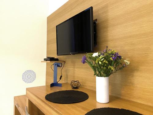 un vase de fleurs sur une table avec une télévision dans l'établissement Golem, à Prague