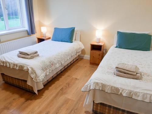 a bedroom with two beds with blue pillows at Robins Roost Cornamona in Cornamona