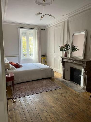 een slaapkamer met een bed, een open haard en een spiegel bij Le grand Louis, hypercentre in Cherbourg en Cotentin