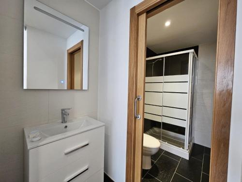 uma casa de banho com um lavatório, um WC e um espelho. em Magnifico apartamento en Canelas em Portonovo