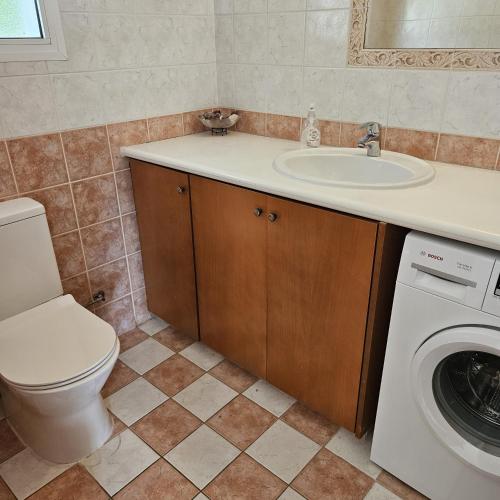 a bathroom with a sink and a washing machine at Villa Athena in Peyia