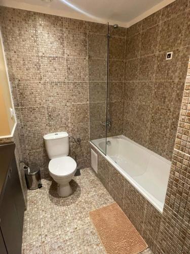 a bathroom with a toilet and a bath tub at Z-apartment in Sunny Beach