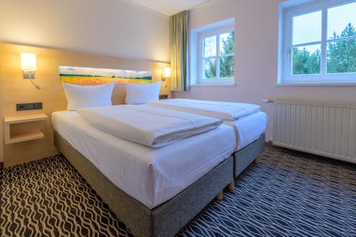 a bedroom with a large white bed with two windows at Hotel Maucksches Gut in Freiberg