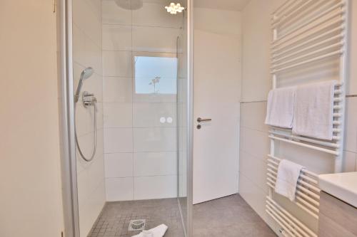een witte badkamer met een douche en een wastafel bij Appartemenhaus Linda-Lu Appartementhaus Linda-Lu Appartement 1 in Scharbeutz