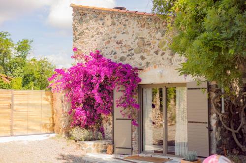un bâtiment avec des fleurs violettes sur son côté dans l'établissement Demeure de charme Suarella Domaine de Marquiliani, à Aghione