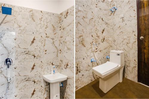 two pictures of a bathroom with a sink and a toilet at Hotel Red Diamond in Ghaziabad
