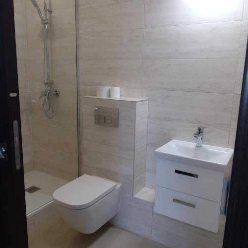 a bathroom with a toilet and a shower and a sink at Apartament ul. Piłsudskiego 8/5 in Świnoujście