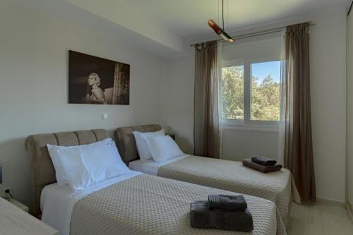 a room with two beds and a window at Semeli Art Villa Kefalonia with Pool in Svoronata