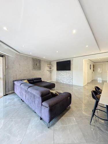 un grand salon avec un canapé et une télévision dans l'établissement Résidence l'Empire, à Cannes