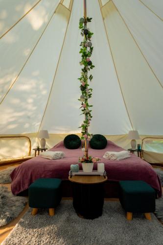 Green Garden Glamping Retezat في Bălan: غرفة نوم بسرير في خيمة