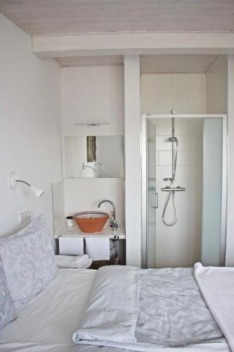 ボジー・ダルにあるSvaty Prokop Luxury Apartment Boží Darのベッドルーム1室(ベッド1台、シャワー付)
