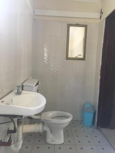 a bathroom with a sink and a toilet and a mirror at Villa Ntowe Lodge in Blantyre