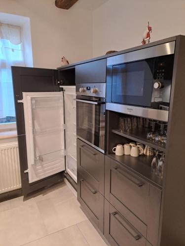 une cuisine avec un grand appareil en acier inoxydable dans l'établissement Gite premium, au Cœur de l'Ours, à Dambach-la-Ville