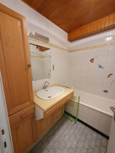 une salle de bain avec un lavabo, un miroir et une baignoire dans l'établissement Myosotis B - 31 - Studio lumineux - 4 pers, à Les Deux Alpes