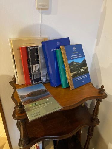 a bunch of books sitting on top of a table at Mazzetti Country House-Vita in campagna con giardino in Vimignano