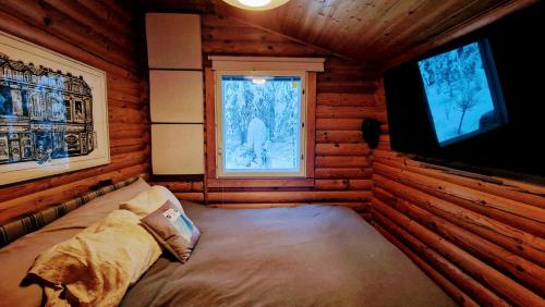 Dormitorio con cama y TV en una cabaña de madera en Hirsimökki kansallispuistossa en Espoo