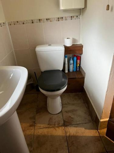 a small bathroom with a toilet with a black seat at Homer Barn in Tavistock