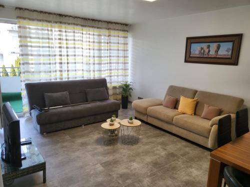 a living room with two couches and a television at Chic Appart im Herzen Bad Nauheim, 2-ZW, 65qm in Bad Nauheim