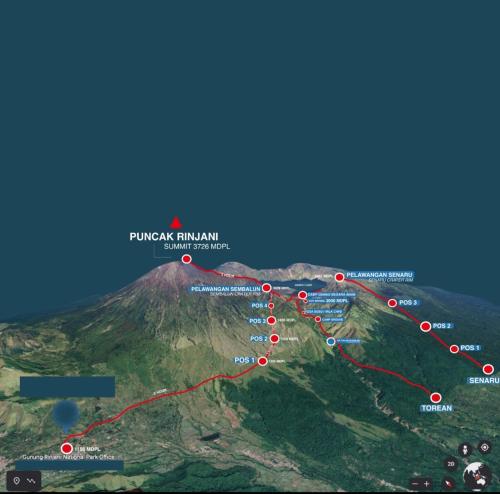 un mapa de la montaña Ryukyu con puntos rojos en RINJANI EXPEDITION BASECAMP en Masbagik