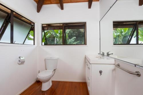 a bathroom with a toilet and a sink and windows at Muri Motu Outlook in Rarotonga