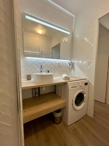 une salle de bain avec un lavabo et une machine à laver dans l'établissement Le City-Break - T3 en centre-ville avec un parking sécurisé, à Vannes