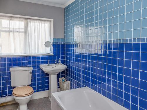 a blue tiled bathroom with a toilet and a sink at Victoria House in Alnwick