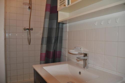 une salle de bain avec un lavabo et une douche dans l'établissement Olympe - 124 - Studio coquet - 3 pers, à Les Deux Alpes
