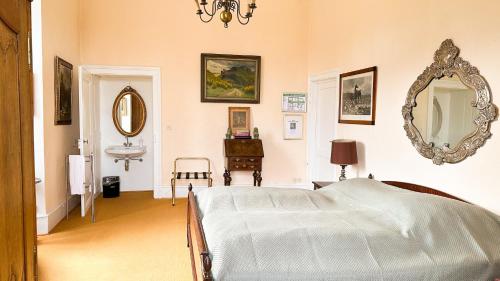 a bedroom with a bed and a mirror and a sink at Burg Satzvey in Mechernich