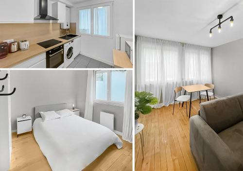 Il comprend une cuisine et une chambre avec un lit et un canapé. dans l'établissement L'Odyssée Nazairienne, à Saint-Nazaire