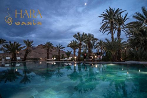 a large swimming pool with palm trees in the background at Lodge Hara Oasis in Agdz
