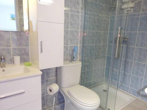 une salle de bain avec toilettes, douche et lavabo dans l'établissement Appartement avec terrasse et parking, accès direct plage - FR-1-782-5, au Barcarès
