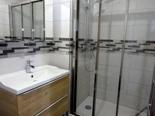 une salle de bain avec un lavabo et une douche dans l'établissement Appartement 2 pièces avec terrasse au bord de l'eau, parking, climatisation - FR-1-782-1, au Barcarès