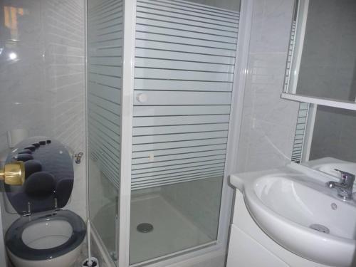 une salle de bain avec une douche, des toilettes et un lavabo dans l'établissement Location Vacances Barcarès, 3 pièces RDC, Proche Mer, Terrasse, Clim, Parking privé - FR-1-782-3, au Barcarès