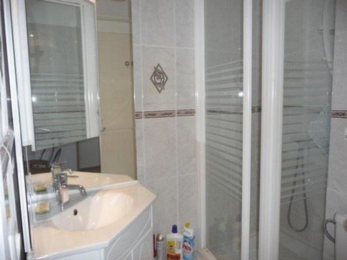 une salle de bain avec une douche et un lavabo et un lavabo dans l'établissement Appartement rénové 50m de la plage avec parking, 4 pers, Le Barcarès - FR-1-782-29, au Barcarès