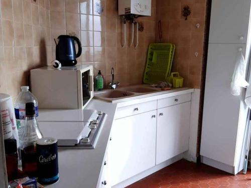 une petite cuisine avec un évier et un micro-ondes dans l'établissement Duplex avec parking privé, ascenseur, accès plage et WiFi - 2 chambres - FR-1-782-44, au Barcarès