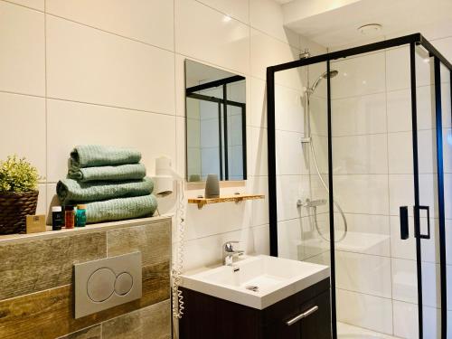 La salle de bains est pourvue d'un lavabo et d'une douche. dans l'établissement Nicolette Apartments, à Katwijk