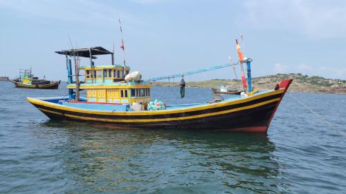 a yellow and blue boat in the water at NEW WAVE HOMESTAY in Ấp Khánh Phước (1)