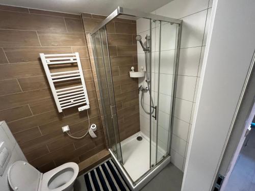a bathroom with a glass shower with a toilet at City View Studio in Wrocław