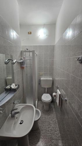 a bathroom with a white toilet and a sink at La valle fiorita in Soviore