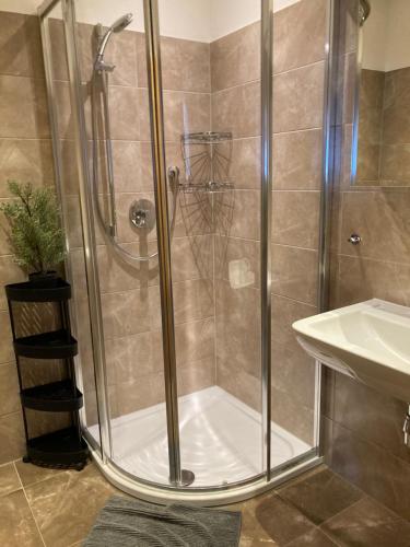 a shower with a glass door next to a sink at Sedlhof Apartment in Grub