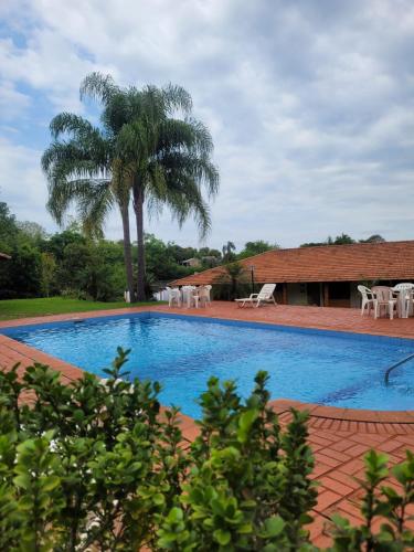 a swimming pool with a palm tree in the background at Pousada das Missoes in São Miguel das Missões