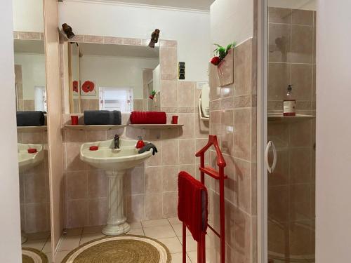 y baño con lavabo y ducha. en Chambres d'hotes Béziers La Noria en Cazouls-lès-Béziers
