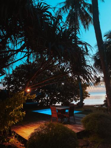a table and chairs sitting under palm trees near the ocean at Villa Mitirapa in Tohautu